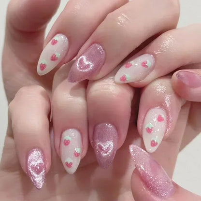 24Pcs Pink Almond French Press on Nails With 3D Bow ripple charms Design Fake Nails Ballerina False Nails Full Cover Nail Tips