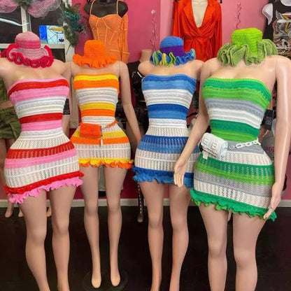 Handmade Crochet Knitted Hats Women Girl Crochet Scallop Ruffle Edge Knit Bucket Caps Adult Trendy Rainbow Striped Beach Sun Hat