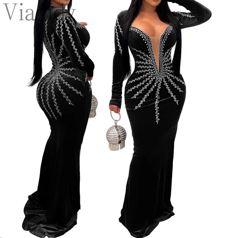 Women Sexy Velvet Mesh Rhinestone V-Neck Floor-Length