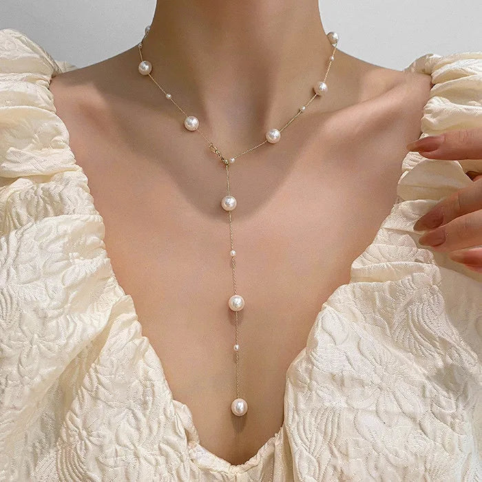 Vintage Pearl Pendant Necklace for Women Elegant Beaded Long Tassel Sweater Collar Chain Accessories Temperament Fashion Jewelry