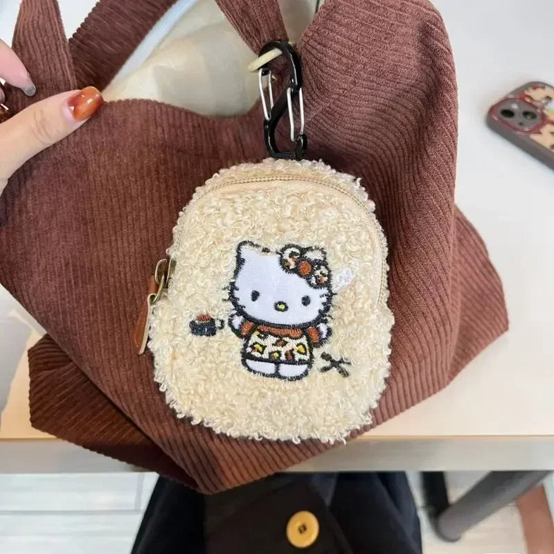 Hello Kitty Plush Coin Purse Miniso Earphone Bag New Cartoon Fashion Versatile Embroidered Wool Style Lipstick Storage Handbag