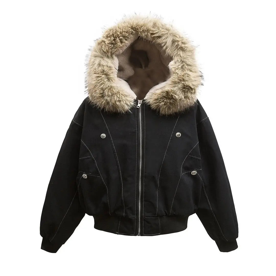 Y2K New American Cleanfit Fur Collar Imitation Mink Fur Hooded Cotton-padded Jacket Men Gothic Retro Hip-hop Short Tooling Coat