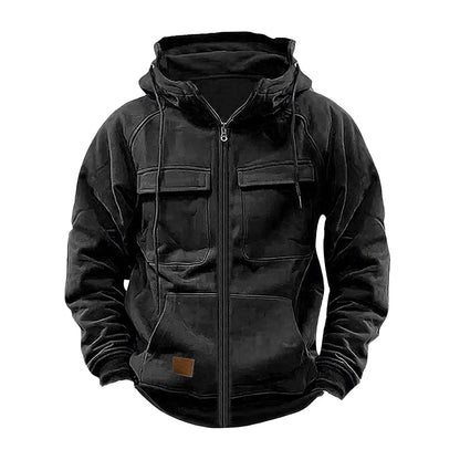 New Autumn Winter Men's Hooded Solid Hoodies Jackets Multi Pockets Male Zipper Sweatshirts Sports Outdoor Casual Hoodie Coat