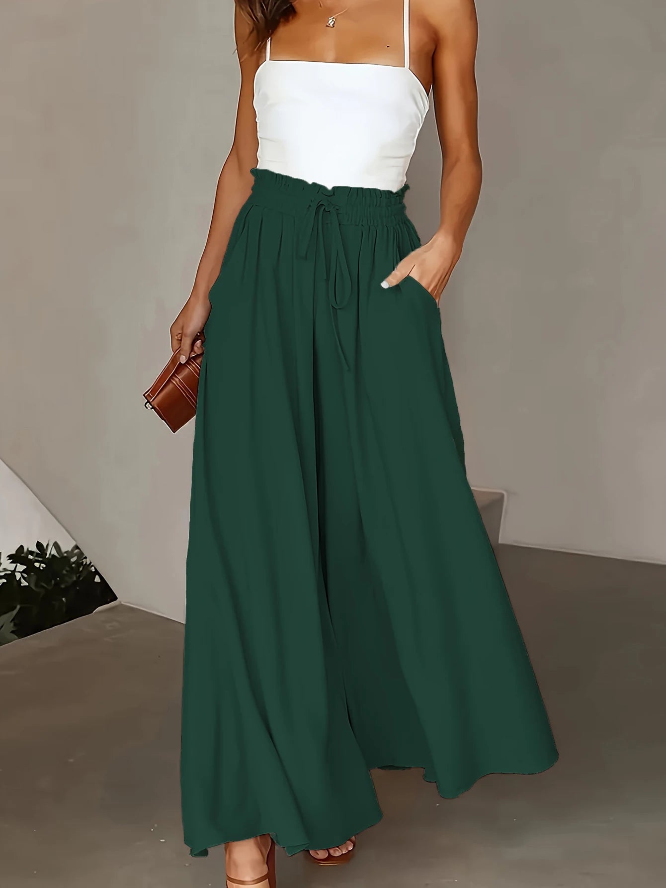 Plus Size Wide Leg Pants Comfortable Slight Stretch FabricElegant Solid Color Design Po    cket DetailsDrawstring Elastic Wai