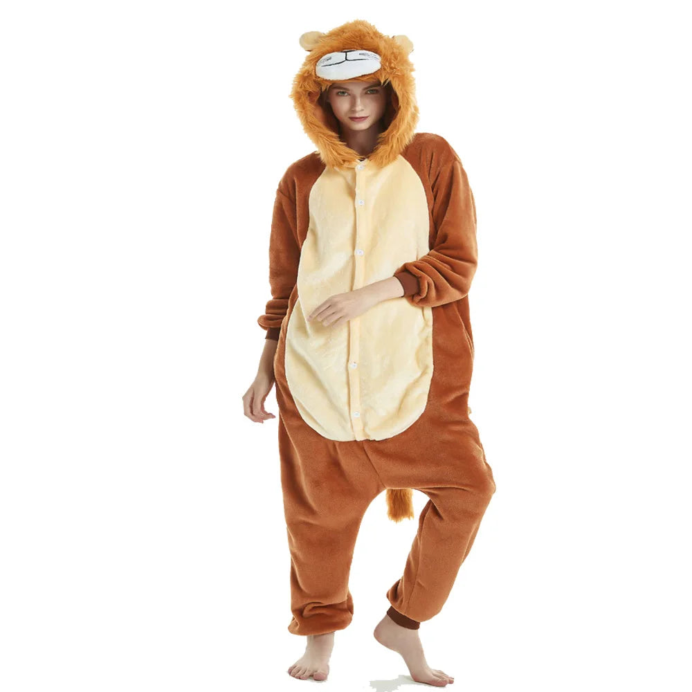 Kigurumi Adult Animal Costume Lion Onesie Plus Size Anime Brown Plush Pajamas Halloween Party Men Women Sleep Jumpsuits Pyjamas