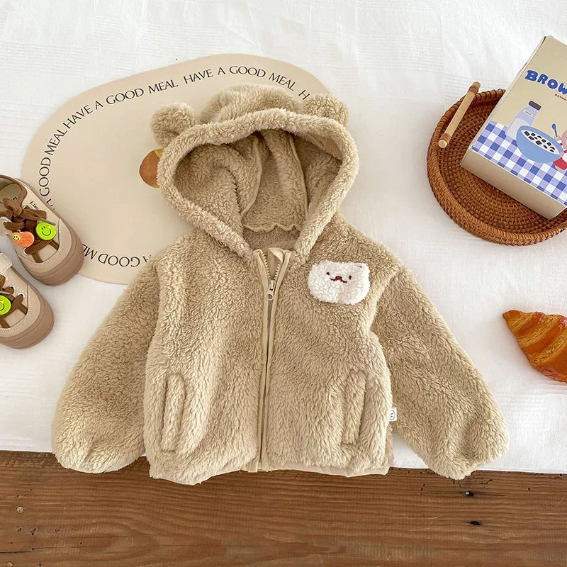 Cute Rabbit Ears Plush Baby Jacket Sweet Princess Girls Coat Autumn Winter Warm Hooded Outerwear Toddler Girl Clothes