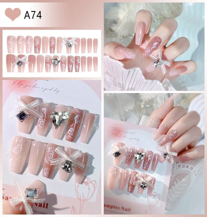 24pcs/box Luxury Pink Long Coffin Fake Nails Y2K Moon Star Rhinestones Press On Nails Handmade Full Cover Reusable False Nails