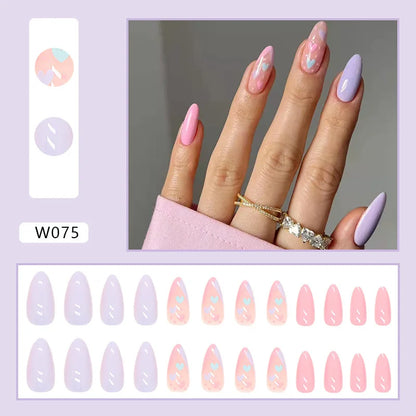24pcs/Box Ballerina Nail Tip Purple with Design Manicure Patches Fresh Floral Almond False Nails Press on Med Nails Detachable