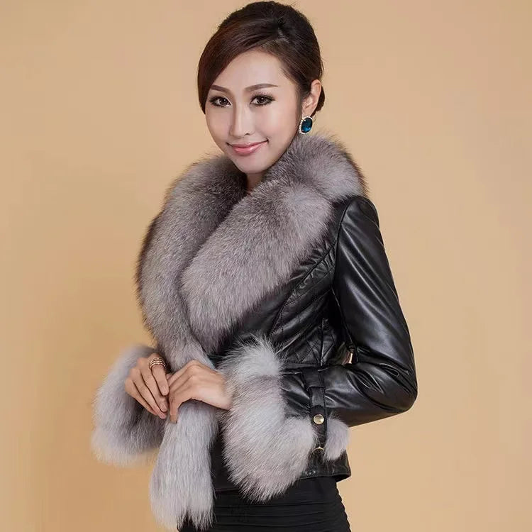 Leather Jacket Women Coat Faux Fox Fur Collar Short Coat PU Leather New Winter Female Jacket Elegant Motorcycle Zipper Outerwear