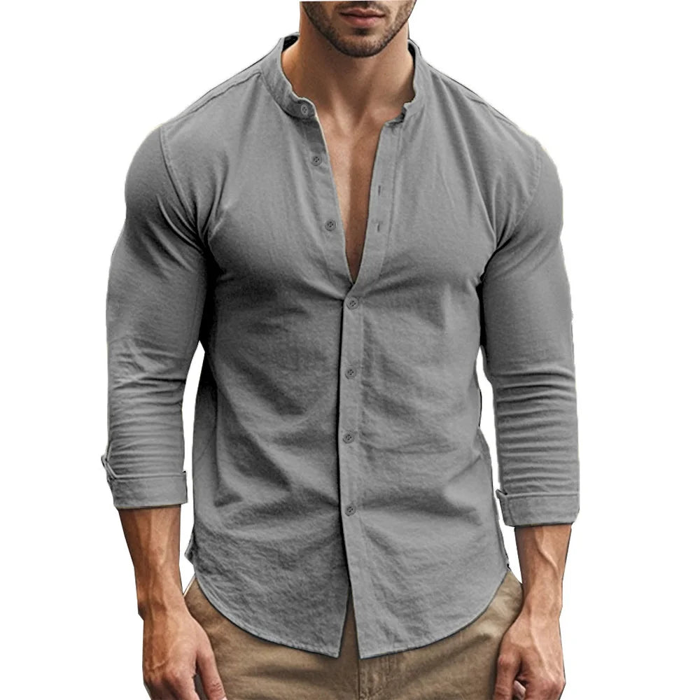 Men's Henry Shirts Cotton Linen Slim Fit Causal Hawaiian Solid Color Basic Style Spring Summer Breathable Men Clothing