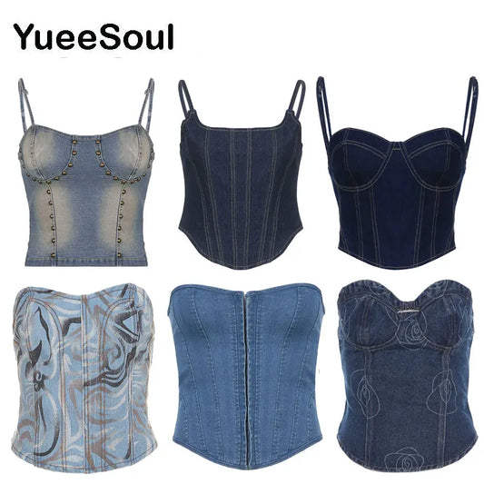 Blue Denim Crop Tops Sleeveless Slim Sexy Women Tank Top 2024 Summer Y2K Aesthetic High Street Rave Casual Female Clothes