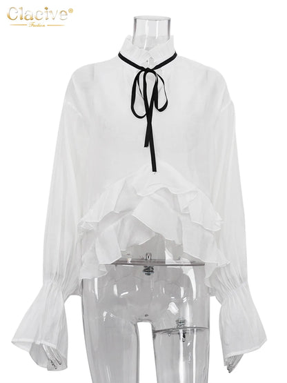 Clacive Sexy Loose White Women'S Shirt 2025 Fashion Ruffle Collar Long Sleeve Blouses ng