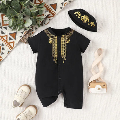 Baby Homewear Bodysuit with Hat Boys Girls Muslim Jumpsuit Clothing Babe Pajamas 1-3-6-9M