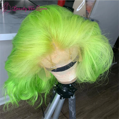 13x4 HD Lace Front Wig Human Hair Fluorescent Green  Short Bob