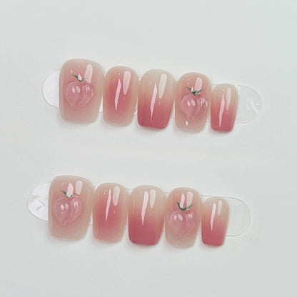 10Pcs Short Round Handmade Press On Nails Full Cover Peach Pink Summer Design Cute False Nails Artificial Manicure False Nails