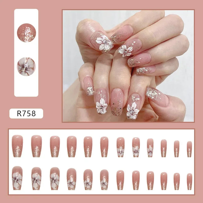 Vintage Camellia Wearable Pink Press on Fake Nails Tips with Glue False Nails Design Butterfly Lovely Girl False Nails