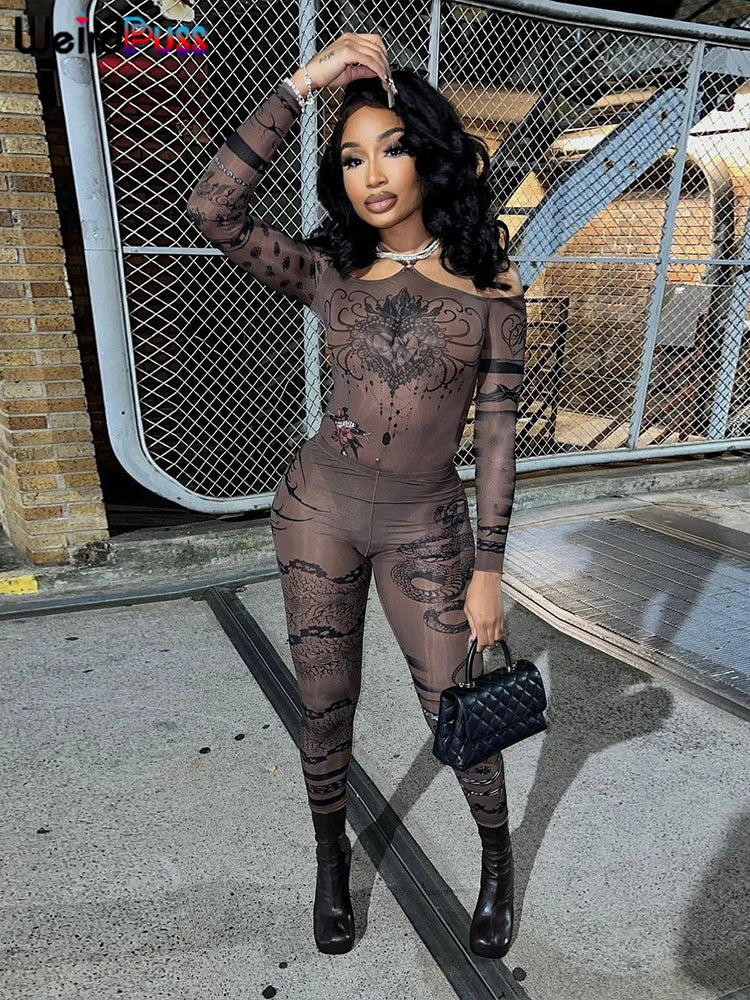 Weird Puss Sexy See Through Women 2 Piece Set Fashion Heart Print Slash Neck Bodysuit+Leggings Matching Midnight Clubwear Suit