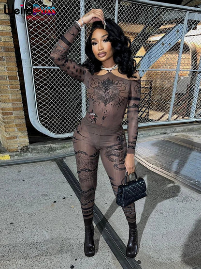 Weird Puss Sexy See Through Women 2 Piece Set Fashion Heart Print Slash Neck Bodysuit+Leggings Matching Midnight Clubwear Suit