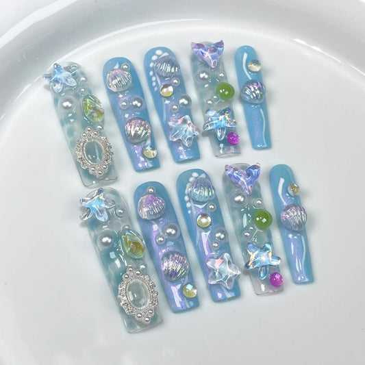 10Pcs Blue Handmade Press on Nails False Nails 3D Ocean Flower Full Cover Rhinestones Long French Wearable False Nails Tips Art