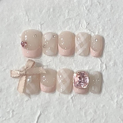 10Pcs Short Round Handmade Press On Nails Full Cover Peach Pink Summer Design Cute False Nails Artificial Manicure False Nails