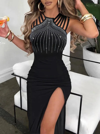 Elegant Evening Dresses for Women Slim Hot Rhinestone French Dress 2024 Sleeveless Ladies High Slit Bodycon Sexy Dress Black