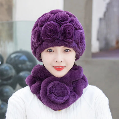 2025 Hot Sale Women Winter Fur Hat Scarf Sets Natural Warm Real Rex Rabbit Fur Cap Scarves Lady Knitted Genuine Fur Hats Muffler