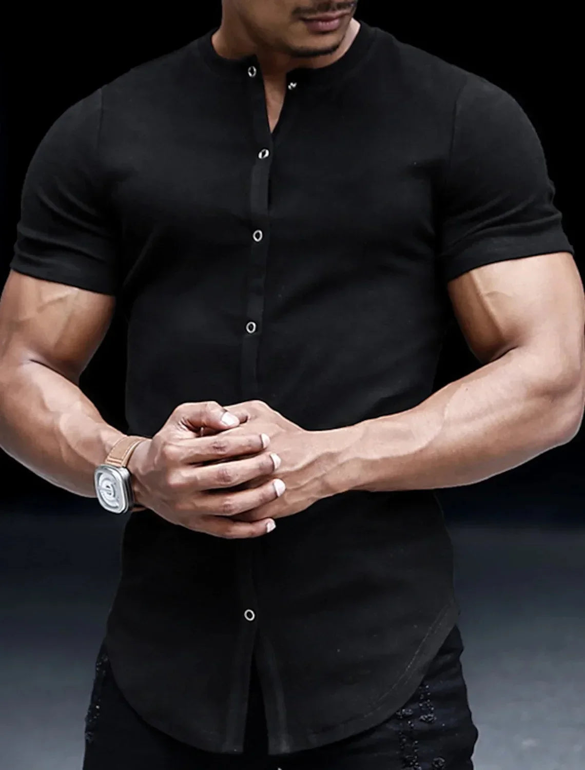 2025 Fashion Men's Stand Collar Short-sleeved Shirts Summer Solid Slim Casual Cardigan Versatile T-shirts Social Blouses for Men