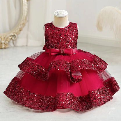 Sequin Birthday Party Dress for Baby Girls Sleeveless Elegant Tulle Princess Dress Red Green Christmas Dress for Kids New Year