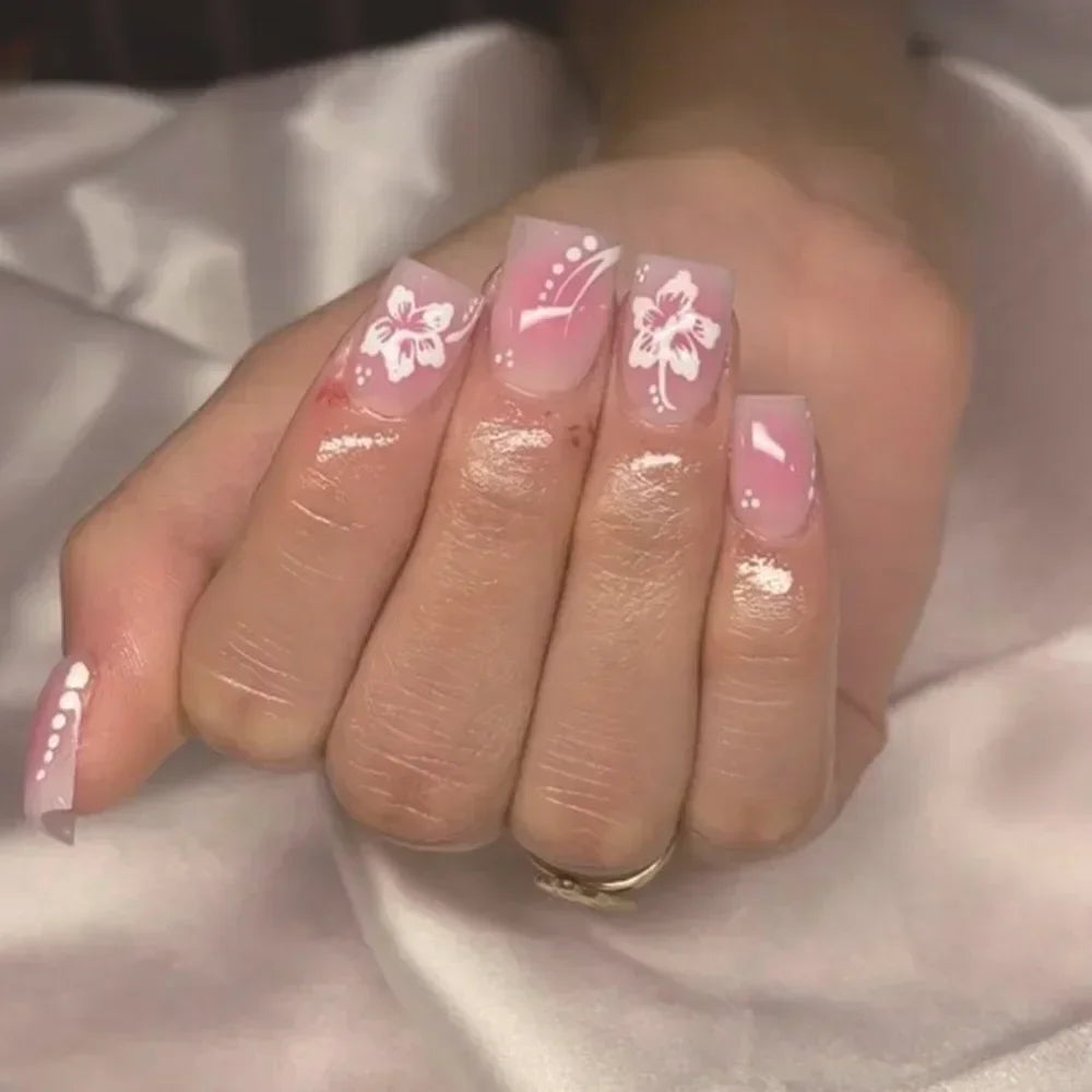 24pcs Pink Flower Fake Nail with Glue Cute White Artificial Nails Wearable Press on Acrylic Nails Square False Nails Press Ons