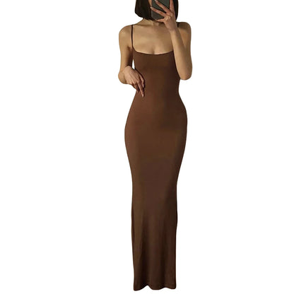 Sexy Bodycon Long Dress Solid Color Spaghetti Strap