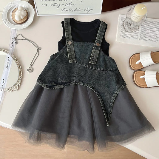 Summer New Girl Clothing Sets Korean Edition Cowboy Mesh Dress+Tank Top 2Pcs Princess Street Style Set Fashion Kids Outfit