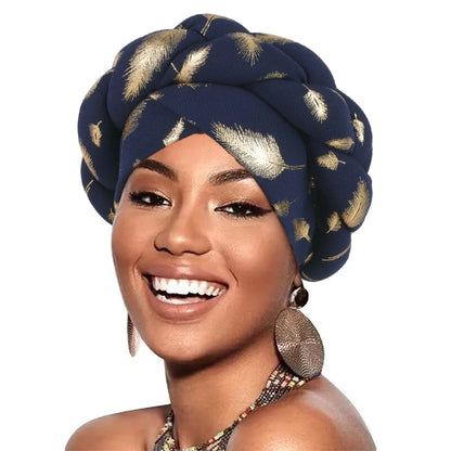 Muslim Headscarf Bonnet Turbante mujer Feather Gold Stamping Braids Turban Cap for Women Fashion African Lady Head Wraps