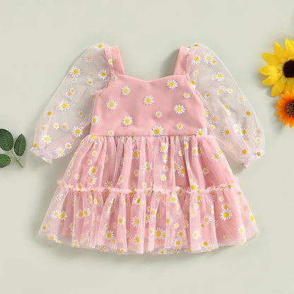 Pudcoco Infant Baby Girl Princess A-Line Dress Elegant Daisy Print Long Sleeves Mesh Tulle Party Dress for Toddler 3M-3T