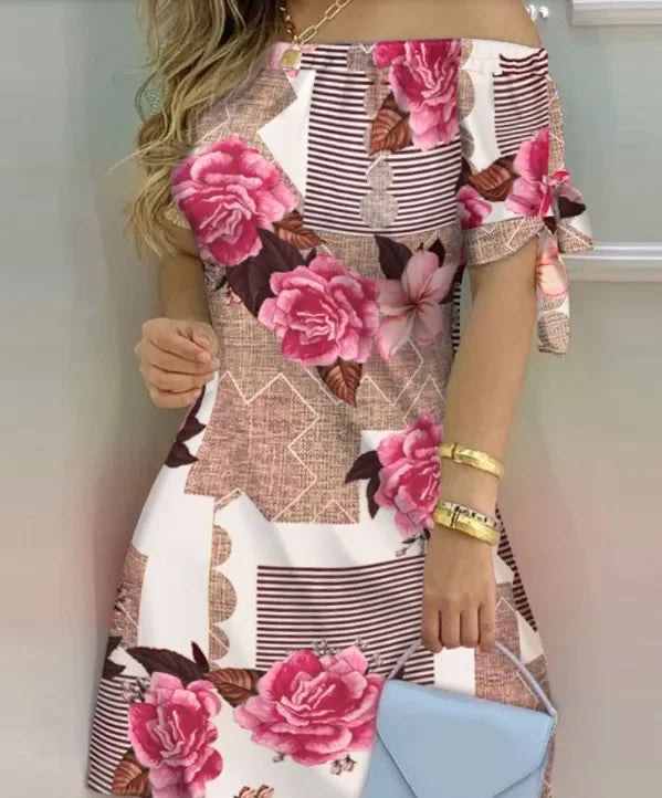 Summer Women Dress Off Shoulder Mini Sexy Short Sleeve Bow Tie Striped Floral Print Dresses Fashion Casual Loose Dress Vestidos