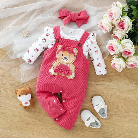 hibobi 3pcs Baby Girl Cartoon Bear Onesie Set, Pink Overalls, Long Sleeve Printed Top, Bow Headband, Spring And Autumn Wear