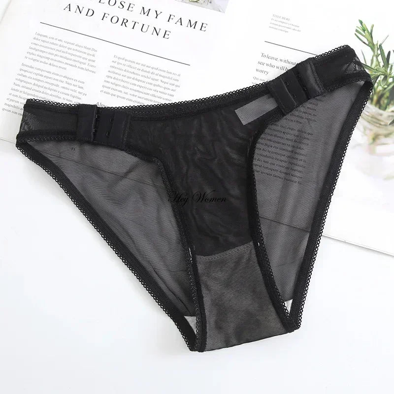 Transparent Mesh Panties for Women Adjustable Side Buckle Cotton Crotch Low Waist Seamless Briefs Sexy Underpants Lingerie