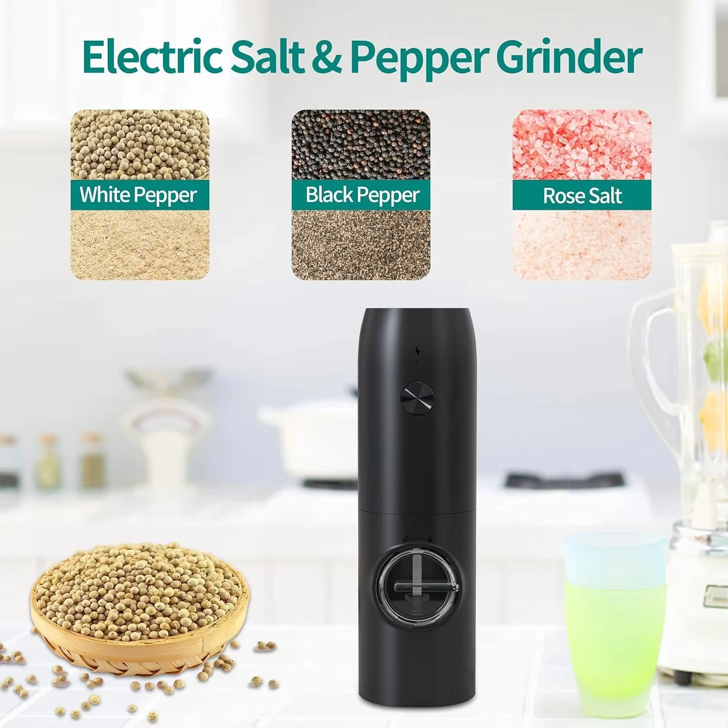 Rechargeable Salt Pepper Grinder Set USB Charging Base Adjustable Automatic Electric Spices LED One Hand Mill Kitchen Tools - Al