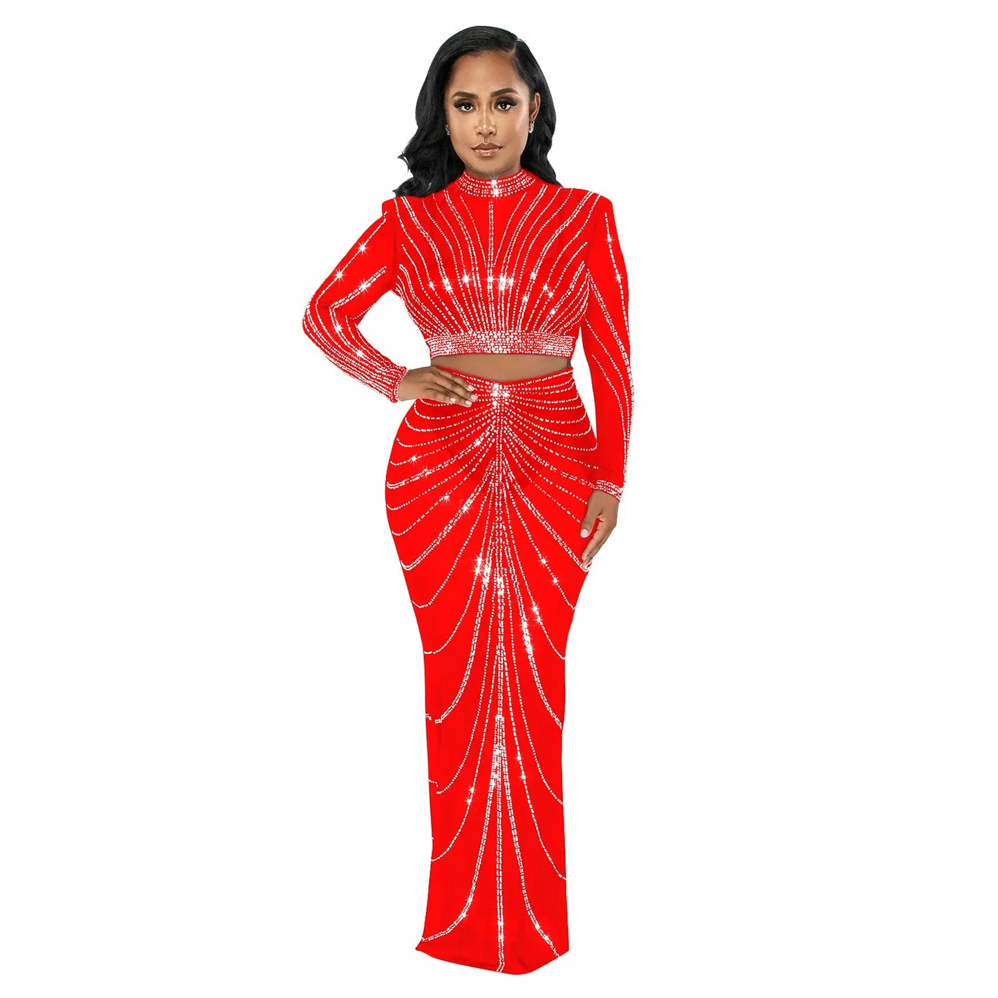 Clothing 2025 Rhinestone Mesh See Through Long Sleeve Dress Set for Women Birthday Sexy Night Club Party 2 Piece Sets Outfit