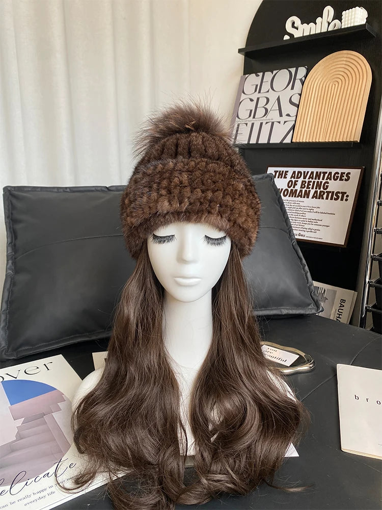 New Women Winter Natural Mink Fur Hats Knitted Real Mink Fox Fur Ball Caps Female Russian Warm Beanies Hat Fur Hat