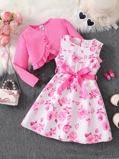 Children's clothing girl autumn fashion casual pink floral dress set 2-piece set - pink round neck vest+pink floral skirt