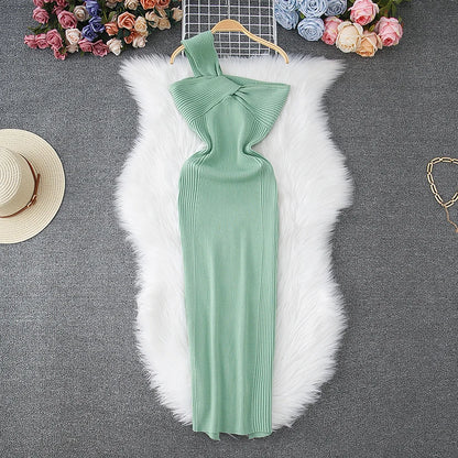 One-Shoulder Knitted Party Dress Women Sleeveless Knot Bodycon Dress