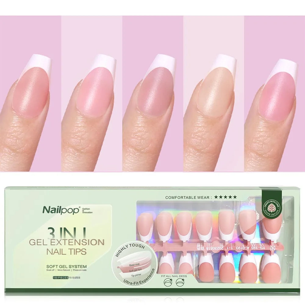 NAILPOP 150PCS Short Coffin Press on Nails 3 in 1 Coat Soft Gel Nail Tips French Tip Press on Nails 15 Sizes of Nail Art DIY