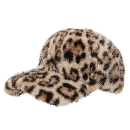 Leopard Print Baseball Cap Women Plush Faux Fur Keep Warm Winter Women's Cap Outdoor Vintage Snapback Hats For Women