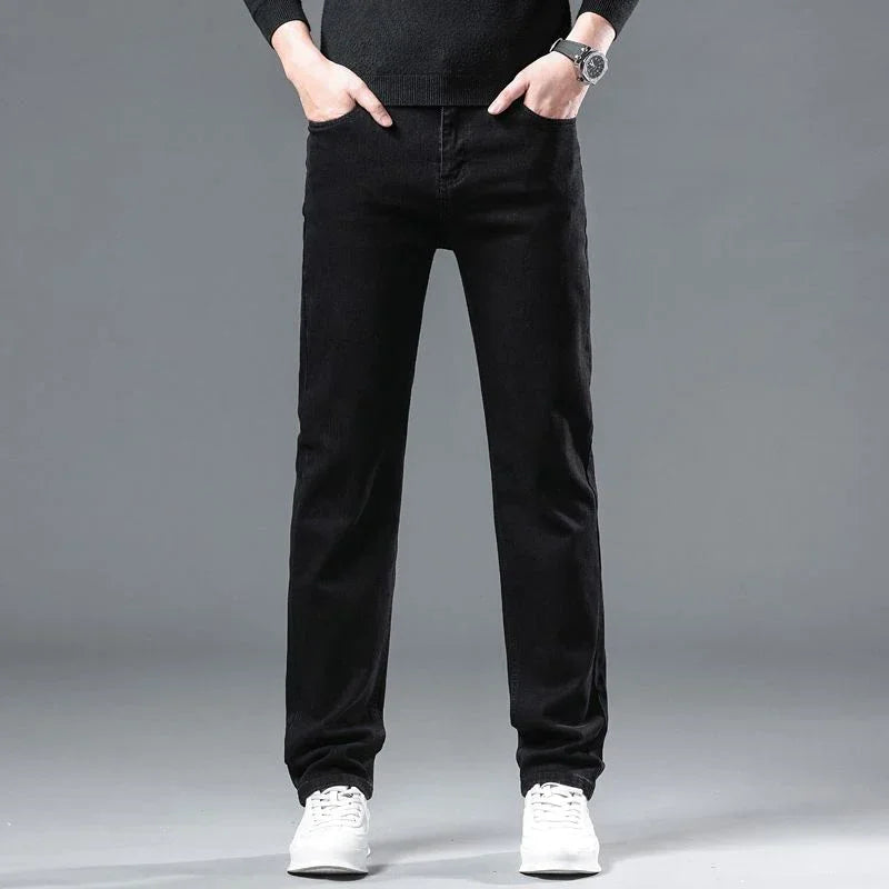 Fashion Men Straight Leg Jeans Man's Casual Black Streetwear Denim Trousers Male Cool Solid Simple Slim Fit Cheap Denim Pants