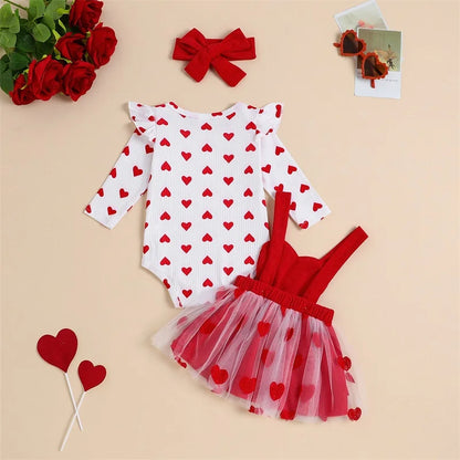 Toddler Baby Girl Valentine's Day Outfits Heart Print Long Sleeve Romper Suspender Skirts Headband 3Pcs Toddlers Spring Clothes