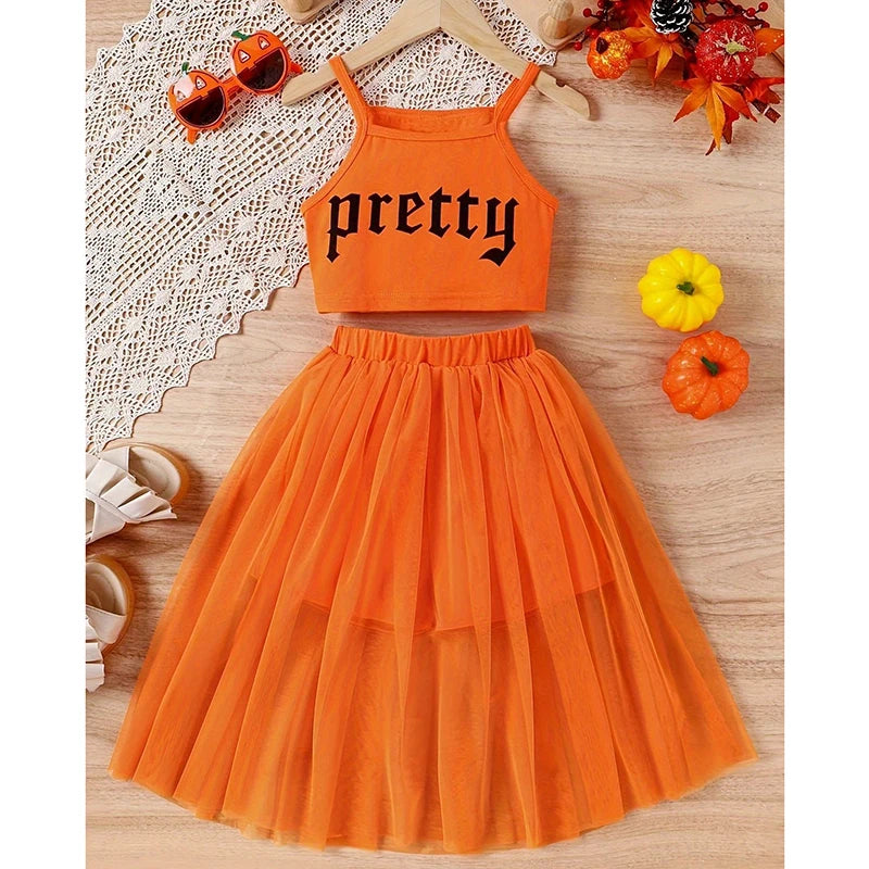 5-14 Years Teenagers Girls Clothing Sets Summer New Cotton Fashion Top + Mesh Skirt Two Piece Set