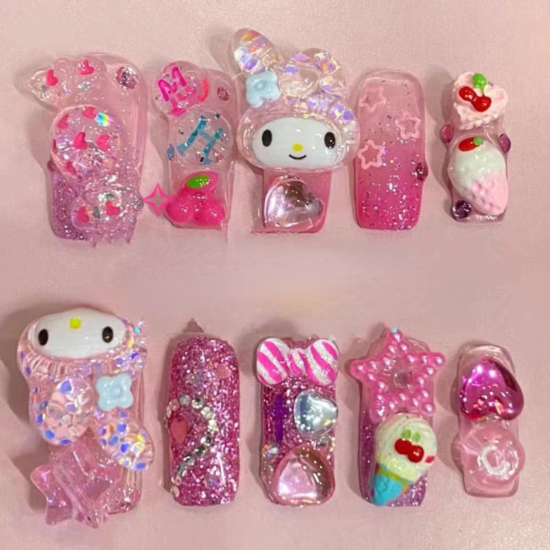 10Pcs Y2k Press on Nails Pink Wearing Nail with Kawaii Sanrios Accessories Design False Nail Tips Removable Manicure Girl Gift