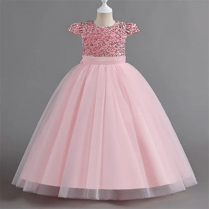 Puffy Girls Party Dress Elegant Kids Wedding Gala Prom Gown Sequin Bow