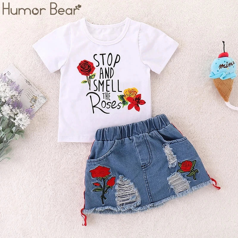 Humor Bear Girls Suit Summer Children's Clothes Suit Embroidery Letter Print Short sleeve+skirt Set Toddler Christmas Outfits