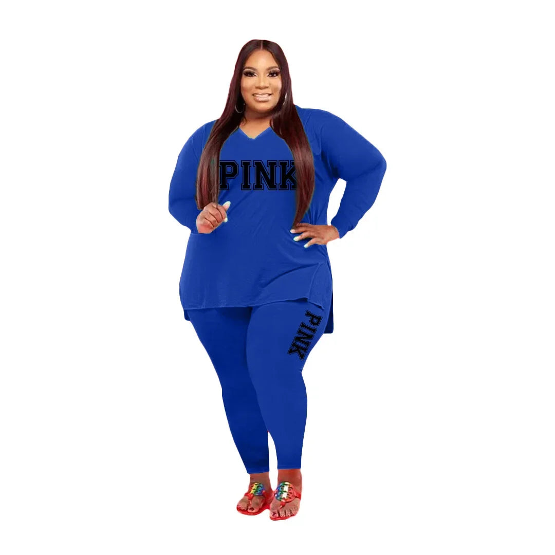 XL-5XL Fall 2024 Plus size Women Clothing Two Piece Set Fashion Long Sleeve V Neck top And Pants Print 2 Piece Suit Outfit